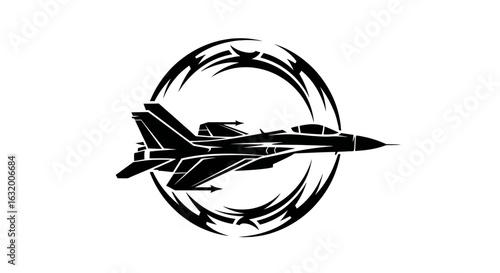 Silhouette of a fighter jet inside a circular, stylized barbed wire frame against a white background.