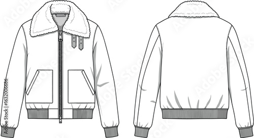 Men’s sherpa-collar bomber jacket, zip front, flap pockets, ribbed cuffs and hem, casual winter outerwear, digital fashion flat illustration