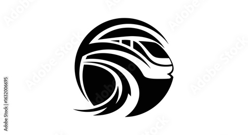 Stylized black and white graphic of a modern train emerging from swirling lines within a circular shape.