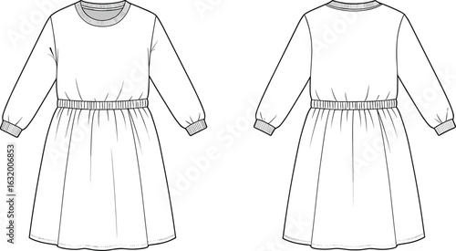 Set of six women’s clothing illustrations including sleeveless romper, tiered skirt set, ruffle sleeve dress, lace-trimmed romper, long-sleeve casual dress, and puff sleeve top, perfect for fashion