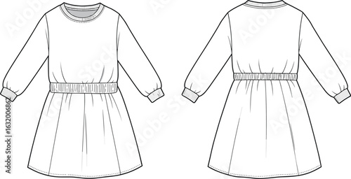 Set of six women’s clothing illustrations including sleeveless romper, tiered skirt set, ruffle sleeve dress, lace-trimmed romper, long-sleeve casual dress