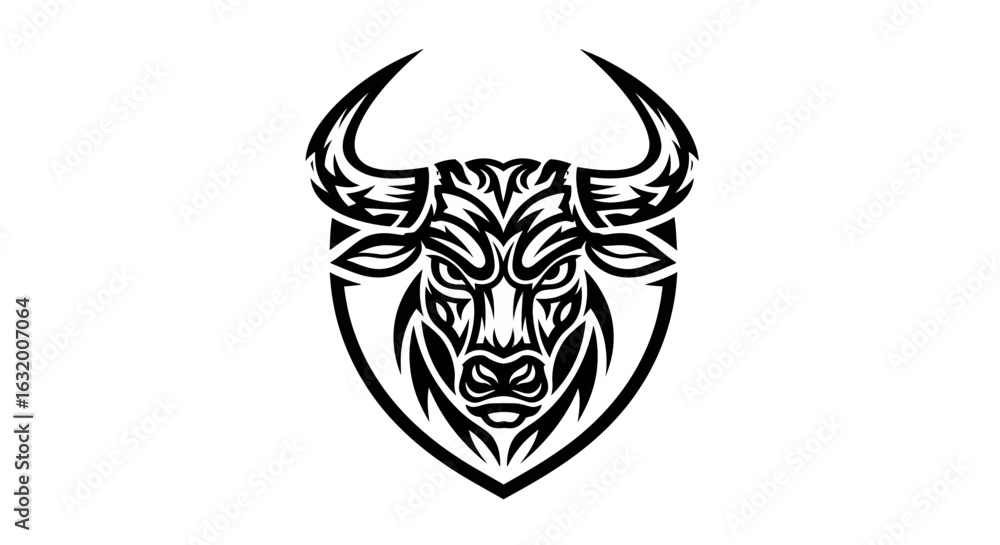 Fototapeta premium A stylized, black and white illustration of an angry bull's head with prominent horns, set against a shield-shaped background.