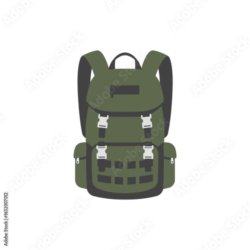 Green backpack with white accents isolated against a black background.
