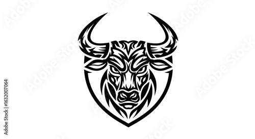 A stylized, black and white illustration of an angry bull's head with prominent horns, set against a shield-shaped background.