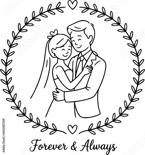 Forever and Always: a heart warming Illustration of a couple, embraced in a floral circle frame , a symbol of love and commitment. 