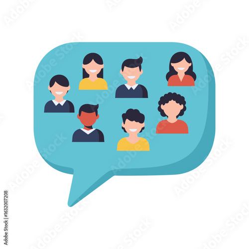 Speech bubble graphic with diverse people icons on a black background.