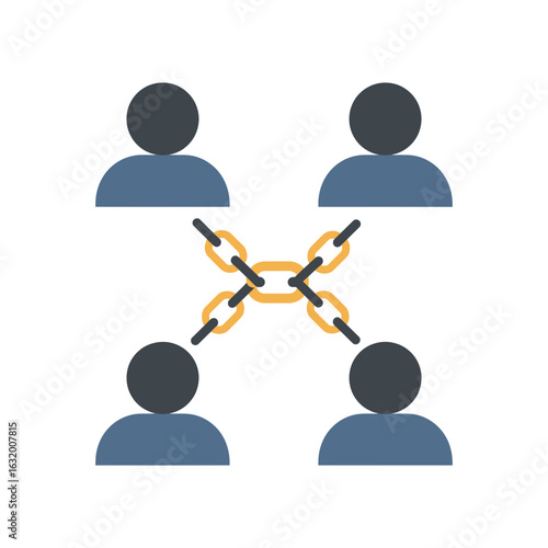 Four figures connected by a chain network on a black background.