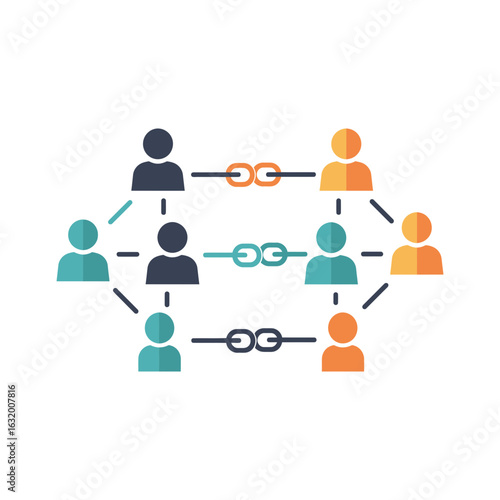 Network of stylized people linked together on a black background.