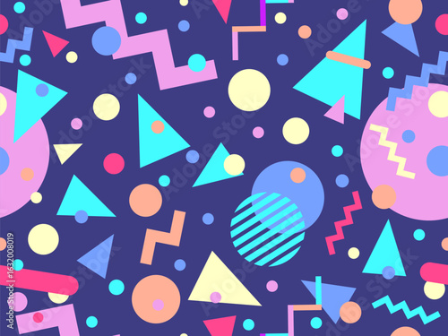Geometric seamless pattern with memphis elements in 80s style. Colorful pattern with different geometric shapes. Design for packaging, covers, wrapping and promotional products. Vector illustration