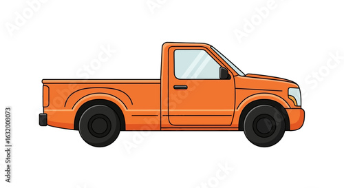 Orange pickup truck illustration, single cab, side view, isolated on white background, cartoon style.