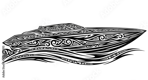 Black and white illustration of a stylized powerboat with intricate tribal-like patterns on the hull and cabin, moving across stylized waves.