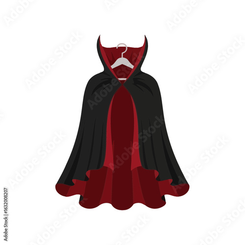 A black and red cape hangs on a hanger against a black background.