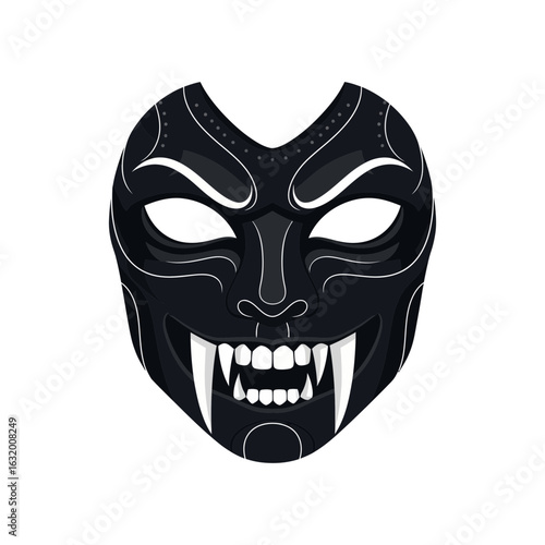 Black mask with white fangs and eyes on a dark background.