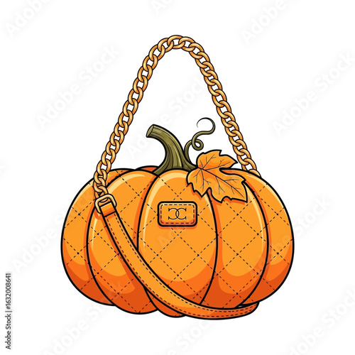 Orange pumpkin shaped bag with a strap and handle against a black background.