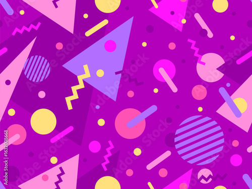 Geometric seamless pattern with memphis elements in 80s style. Colorful pattern with different geometric shapes. Design for packaging, covers, wrapping and promotional products. Vector illustration