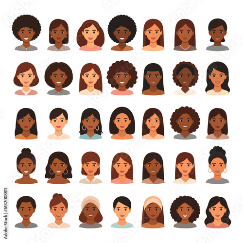 Many diverse female faces with varying hairstyles and skin tones on black.