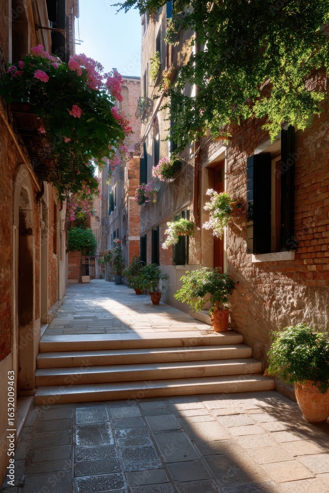 Fototapeta premium Narrow street in Venice with worn steps and flower boxes on windows, peaceful morning light