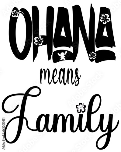Ohana means Family in elegant black script, adorned with hibiscus flowers in an engraved style. Perfect for cards, parties, prints, sublimation, and craft cutting projects.