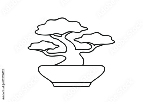Artistic representation of a mature bonsai tree showing its intricate branches and trunk detailed in a classic silhouette style isolated on white background