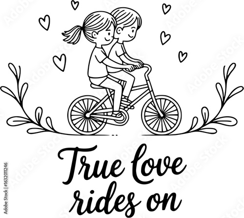 True Love Rides On: A whimsical illustration portrays the enduring power of love, capturing a couple sharing a bicycle ride under a canopy of hearts.