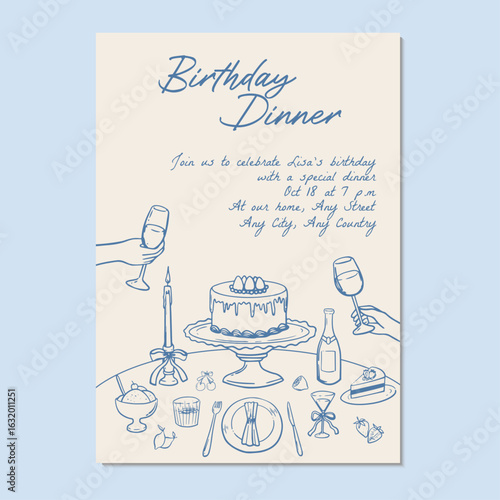 Hand drawn birthday dinner invitation template. Vector illustration blue hand drawn dinner invitation with cake and table settings.