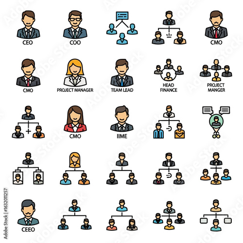 Diverse Business Hierarchy Icons Representing Corporate Roles and Team Structures.