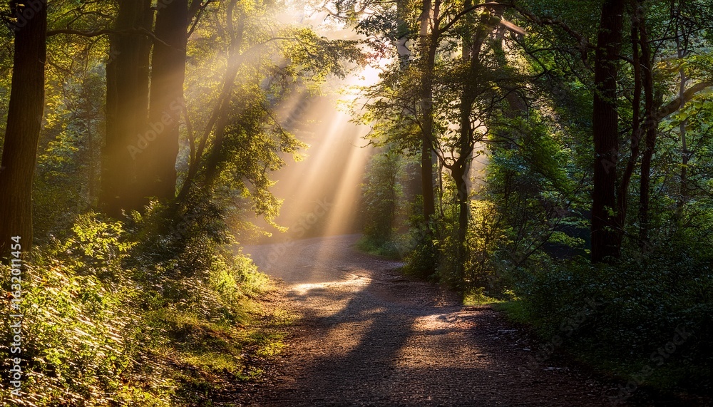 Fototapeta premium sunbeams illuminate a magical forest path