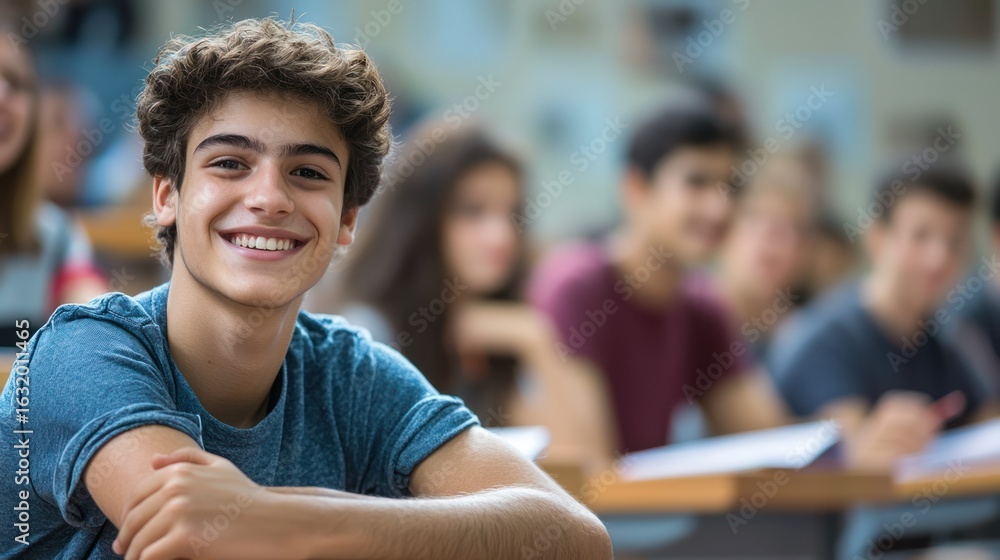 Fototapeta premium A young man smiling in a classroom with a group of students.