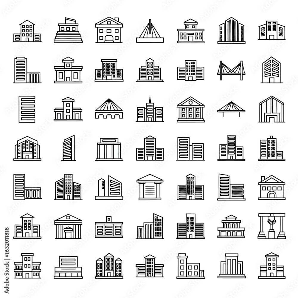 Fototapeta premium Diverse Collection of Stylized Building Icons in Black Outline.