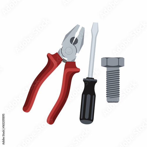 Illustration of a pair of pliers, a flathead screwdriver, and a bolt, arranged on a white background.