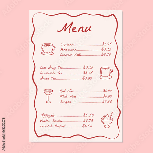 Hand drawn restaurant drinks menu. Vector illustration beverage menu with list of drinks and prices for restaurants and cafe