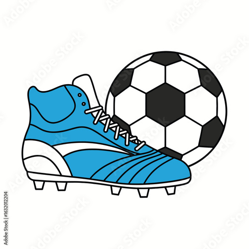 A blue and white soccer cleat stands next to a classic black and white soccer ball, isolated on a white background.