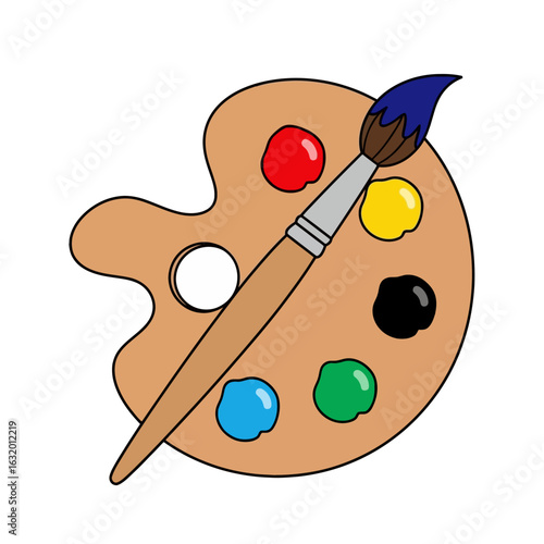 Cartoon illustration of a wooden artist's palette holding dabs of various colors with a paintbrush resting across it.