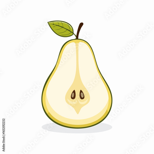 Half pear illustration showcasing inner seeds and a single green leaf on a white background