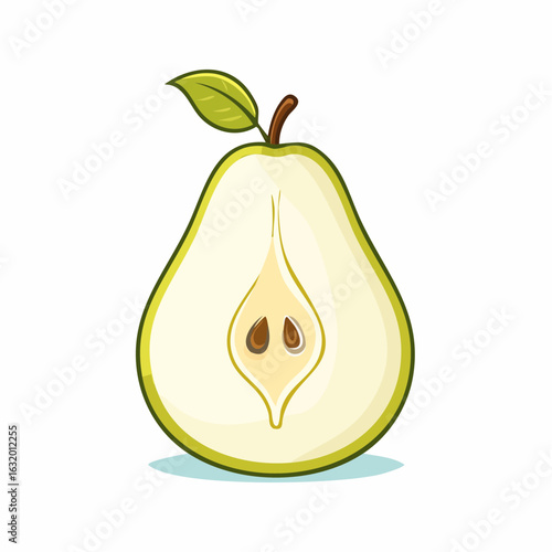 Cartoon illustration of a halved pear with a visible seed core and a leaf detail