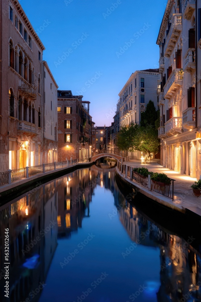 Fototapeta premium Reflection of buildings on a quiet Venice canal at dusk, calm water, atmospheric lighting