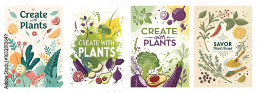 Set of four posters featuring vibrant fruits vegetables and spices