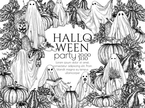 Vector Halloween invitation template with various ghosts in the pumpkin garden in engraving style. Ghost with a book, with a lamp, with a bouquet, with a candy, with a Halloween pumpkin, a ghost cat
