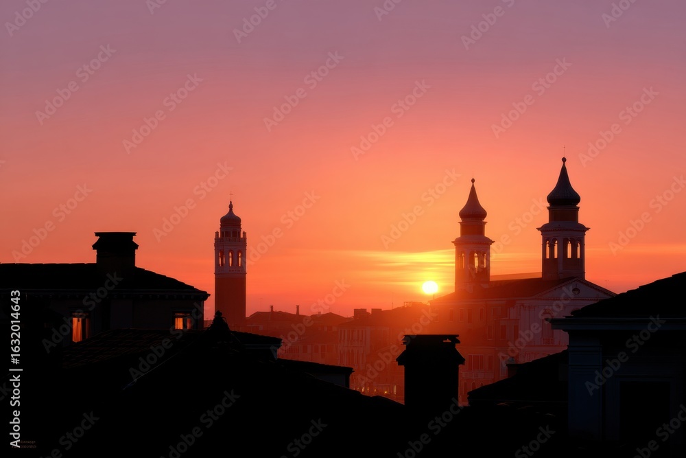 Obraz premium Silhouetted bell towers and rooftops during Venice sunset, warm tones and romantic mood