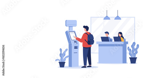 A person using a queue management terminal or self-service kiosk at a front desk with staff nearby to receive marketing materials that improve service in various industries