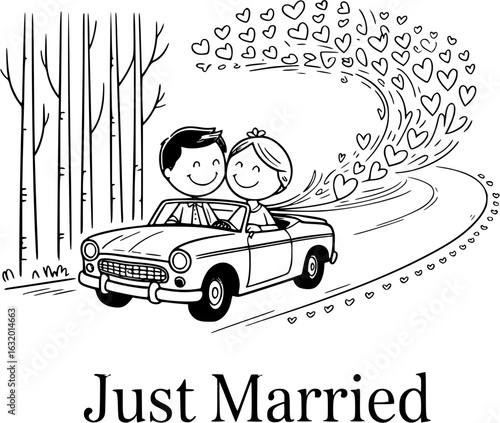 Just Married Bliss: A cartoon illustration depicts a newlywed couple joyfully driving off in a vintage car, hearts swirling around them, representing love and the start of a journey.