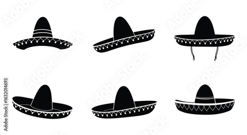Mexican Sombrero Hats Collection in Black and White Silhouette. vector design. Silhouette vector design illustration
