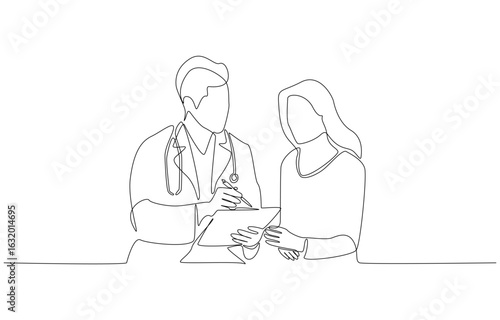 Continuous one line drawing of doctor holding clipboard explaining to patient, healthcare and medical checkup concept, single line art