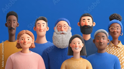 Diverse Smiling Cartoon Characters in Knitted Sweaters on Blue Background