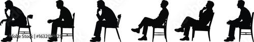 Man sitting silhouette vector set with thinking, relaxing, and different chair poses isolated on white background