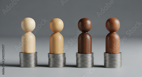 Representation of diverse people standing on unequal piles of coins portraying social inequalities