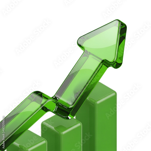 Glossy green glass arrow pointing upwards over bar chart isolated on a transparent background growth png, cut out, clipping path, social media, Advertisement, high quality, HD photo, close up.