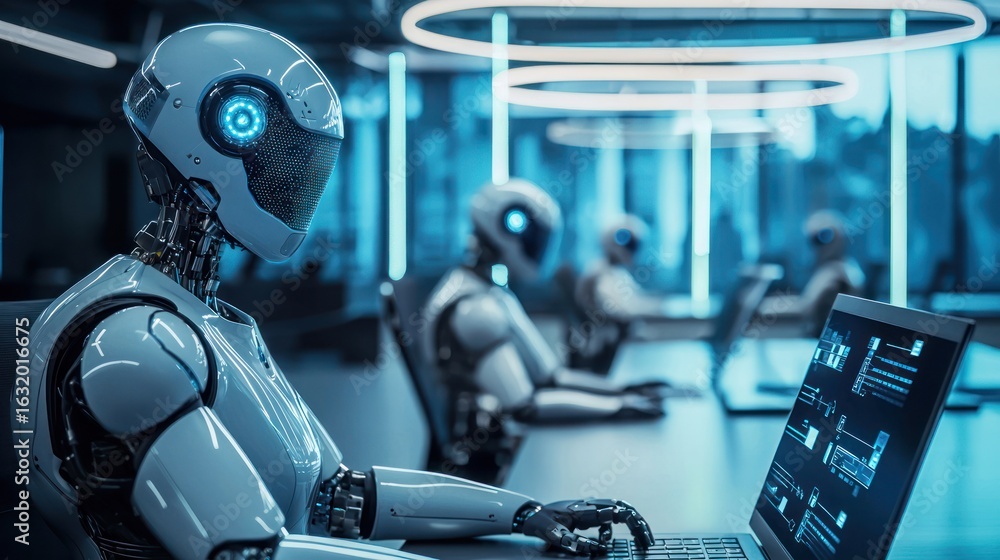 Fototapeta premium A robot working on a laptop in a futuristic office with glowing blue lights.