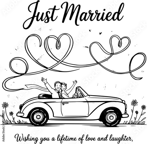 Newlyweds on a Honeymoon Ride: A delightful illustration captures the pure joy of newlyweds, cruising in a classic convertible car. Adorning the image are hearts which symbolize love, celebration.