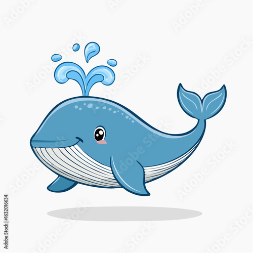 Adorable Cartoon Whale Spouting Water, Rendered in Playful Cartoon Style, With Light Blue Shades